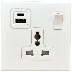 Ổ cắm đơn 3 chấu có công tắc chuẩn Quốc tế + USB Type A+C – Honeywell – EW2835UDPWHI