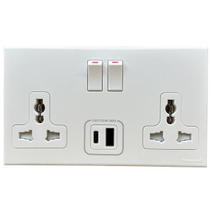 Ổ cắm đôi 3 chấu có công tắc chuẩn Quốc tế + USB Type A+C – Honeywell – EW2836UDPWHI